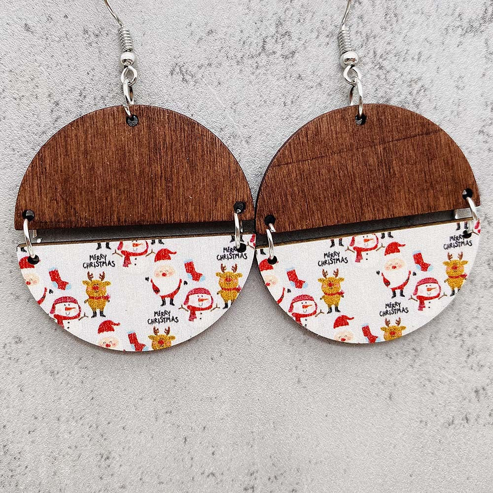 Wholesale Christmas Half Round Wood Chips Patchwork Earrings